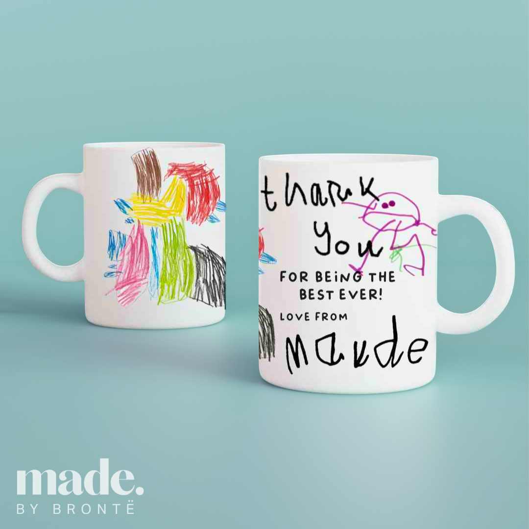 personalised mug with custom kids drawing, white mug with artwork