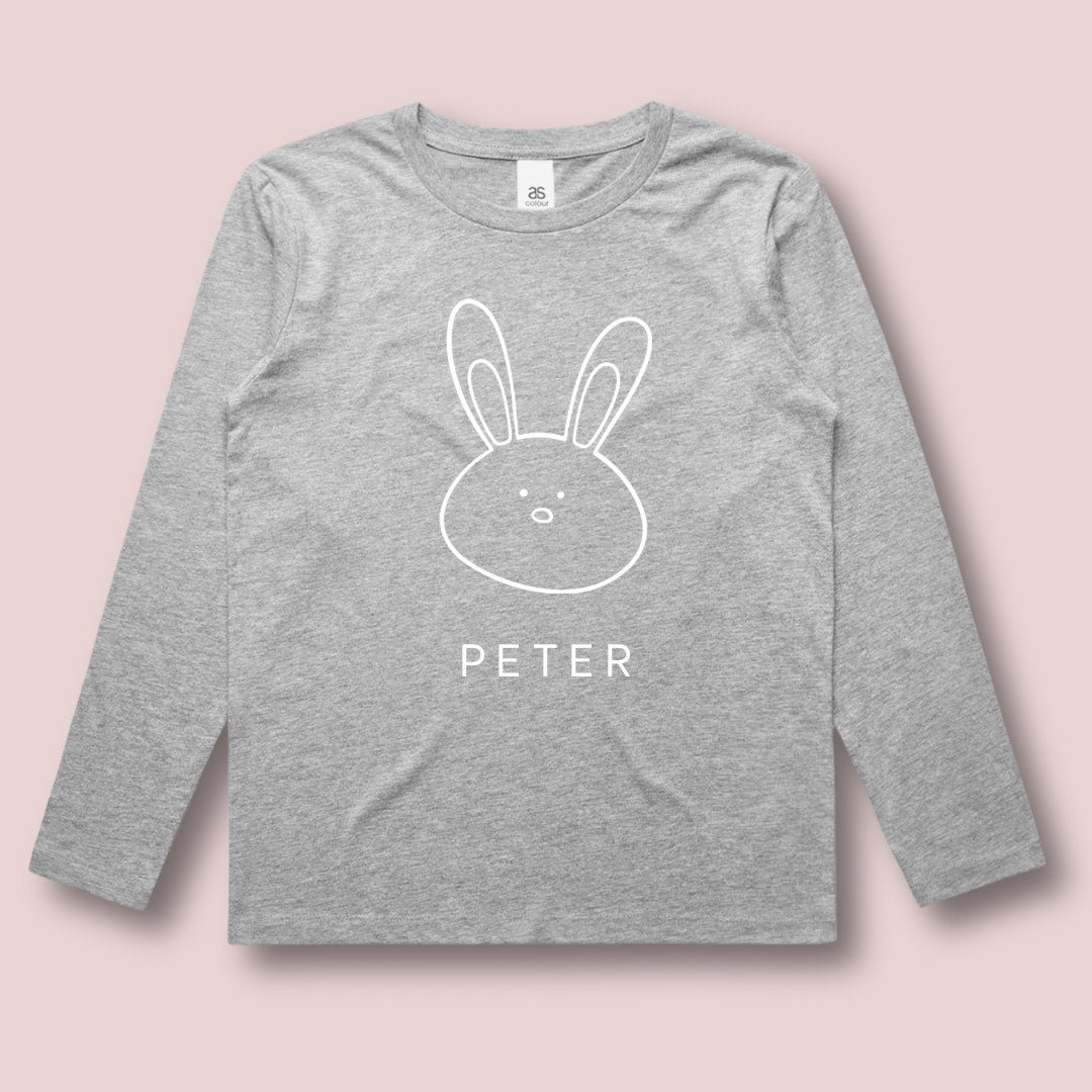 Easter Tshirt - Customised Easter long sleeve tshirt - made. by bronte. Grey and white rabbit. Customised.