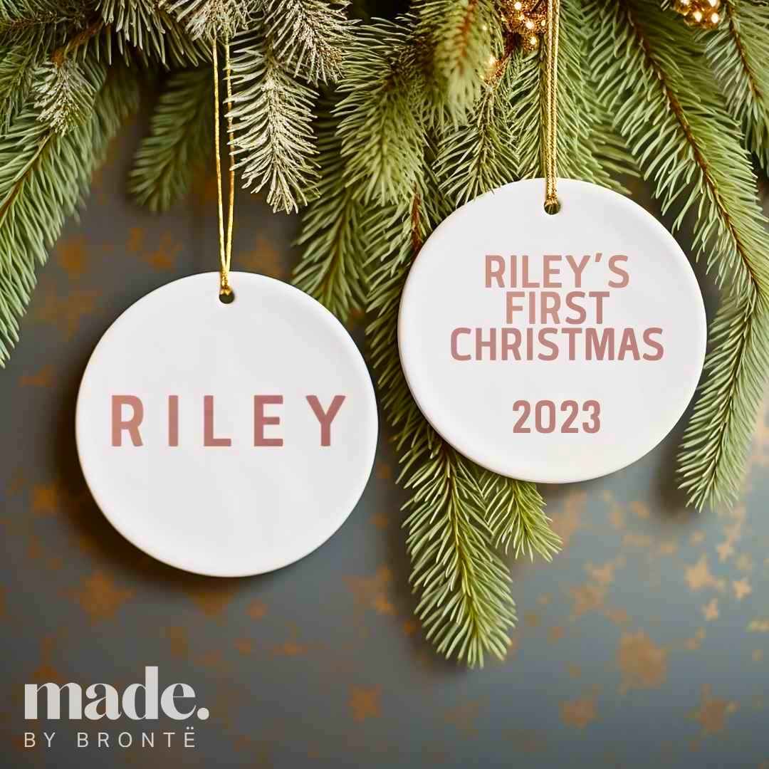 my first christmas decoration made by bronte personalised, riley, white base, rose gold font