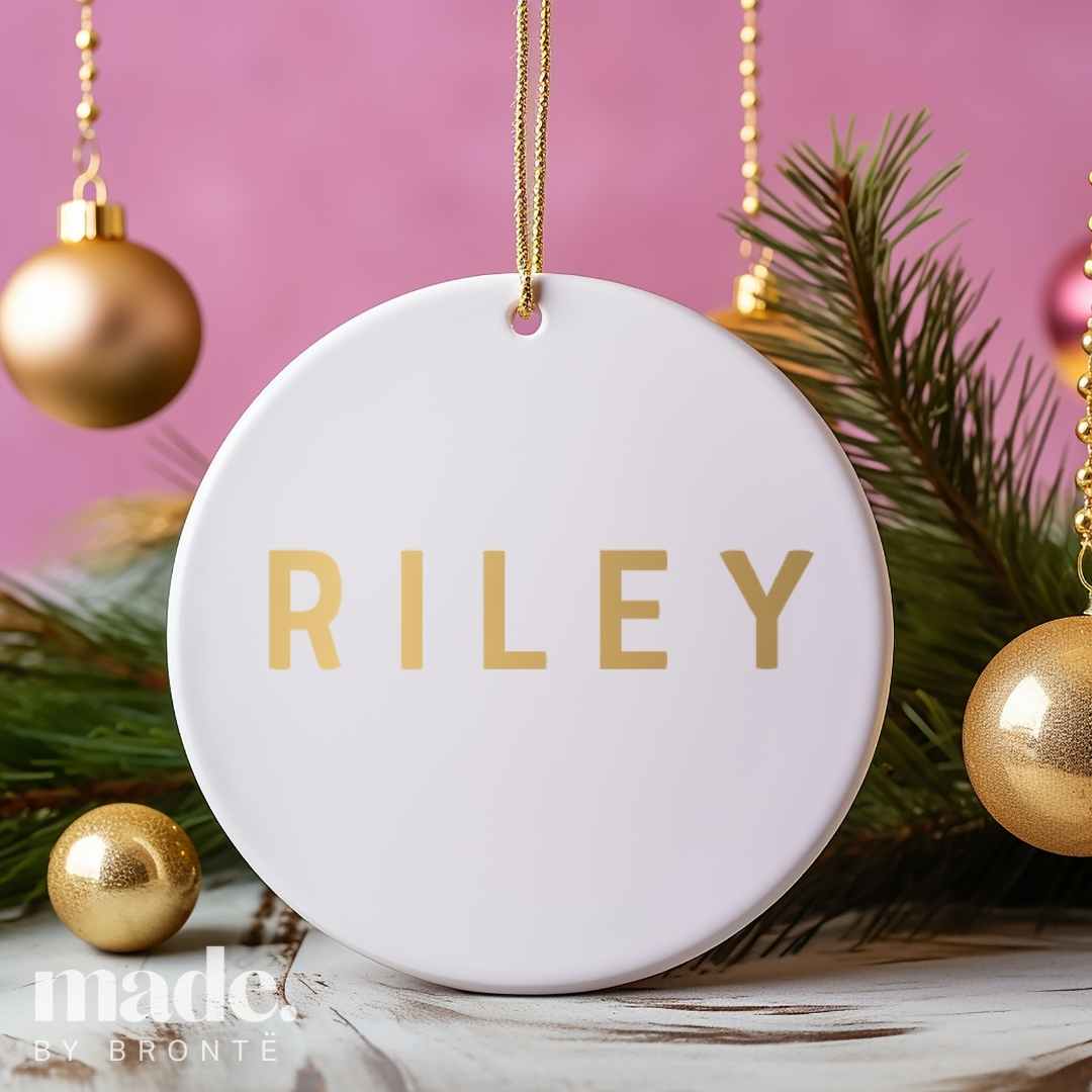 made by bronte personalised christmas decoration riley, white base gold font