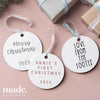 Christmas Tags for Gifts, My First Christmas bauble in rose gold, merry christmas in silver, love from the footes in black on white bauble